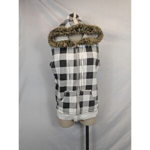Self Esteem Vest Womens Large Black White Plaid Buffalo Check Sherpa Faux Fur